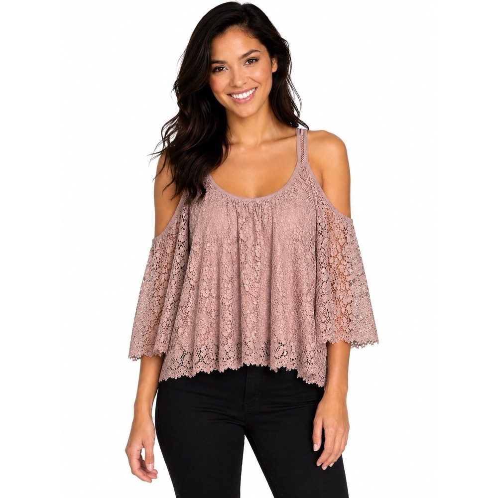 WHBM Women S Lace Cold Shoulder Lined Top Pink/Beige Romantic Boho Chic Coquette